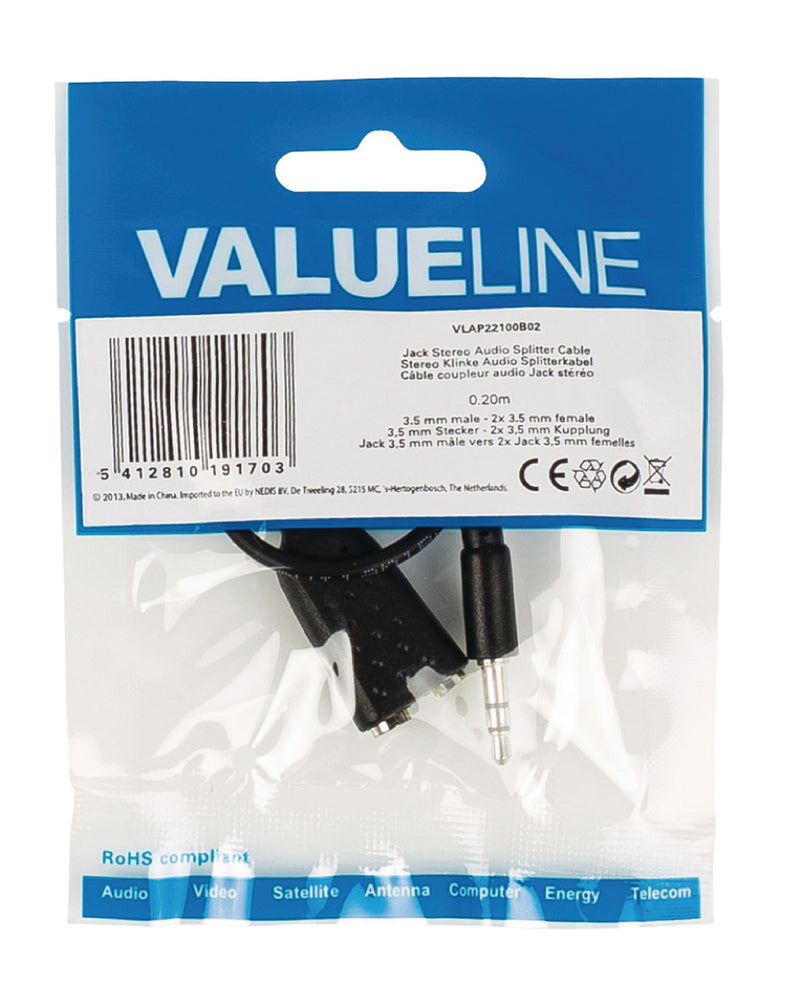 Load image into Gallery viewer, Valueline vlap22100b02 jack stereo audio verdeelkabel 3,5 mm mannelijk - 2x 3,5 mm vrouwelijk 0,20 m zwart