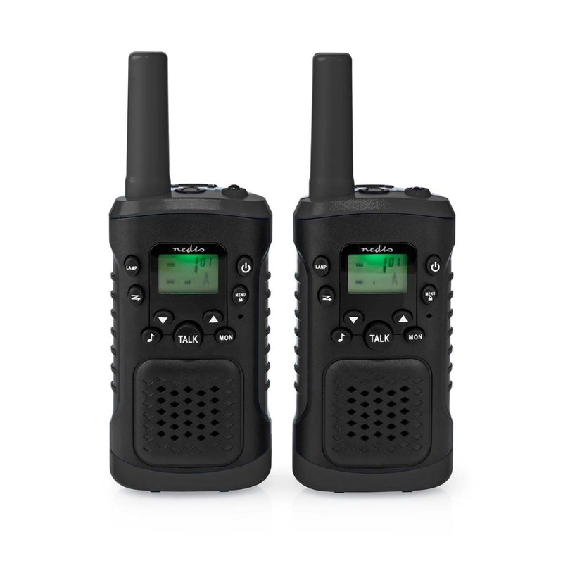 Load image into Gallery viewer, Nedis wltk0610bk walkie talkie set 2 handsets tot 6 km frequentiekanalen: 8 ptt vox tot 3 uur koptelefoonoutput 2 headsets zwart