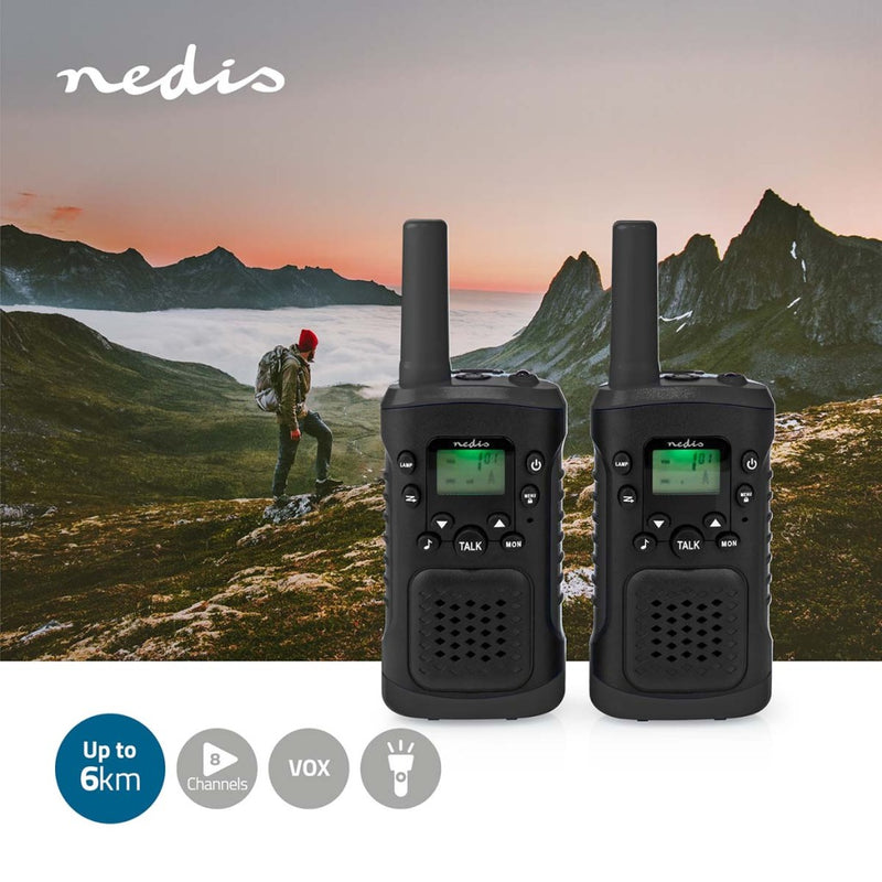 Load image into Gallery viewer, Nedis wltk0610bk walkie talkie set 2 handsets tot 6 km frequentiekanalen: 8 ptt vox tot 3 uur koptelefoonoutput 2 headsets zwart