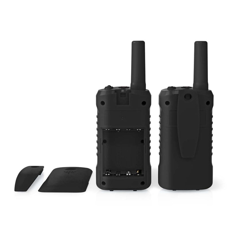 Load image into Gallery viewer, Nedis wltk0610bk walkie talkie set 2 handsets tot 6 km frequentiekanalen: 8 ptt vox tot 3 uur koptelefoonoutput 2 headsets zwart