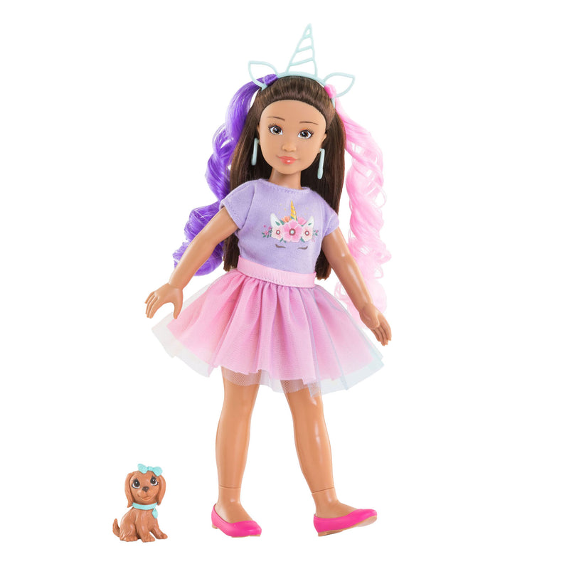 Afbeelding laden in galerijviewer, Corolle modepop luna eenhoorn met accessoires en hond - 28 cm.