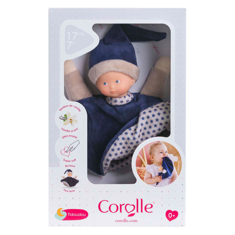 Afbeelding laden in galerijviewer, Corolle knuffeldoek - marineblauw babydoekje 17cm - zacht speelgoed.