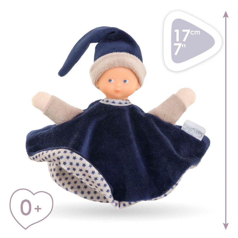 Afbeelding laden in galerijviewer, Corolle knuffeldoek - marineblauw babydoekje 17cm - zacht speelgoed.