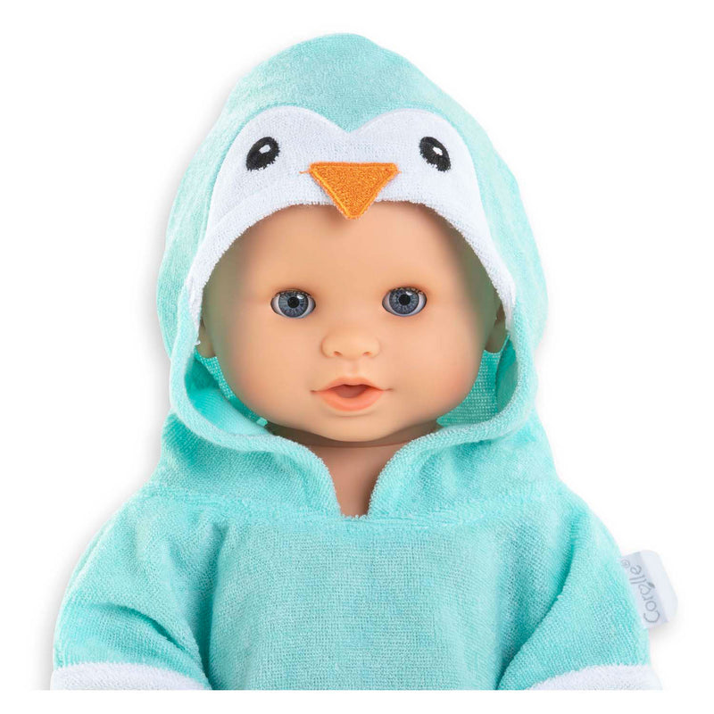 Afbeelding laden in galerijviewer, Corolle badcape babypop pinguin 36cm - poppenaccessoire blauw.