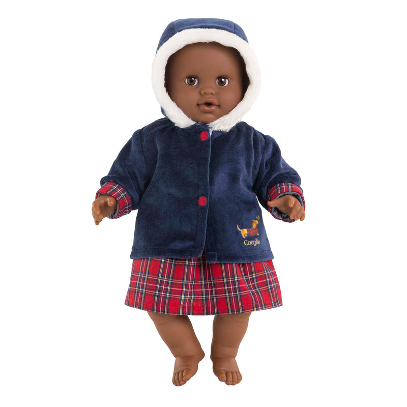 Afbeelding laden in galerijviewer, Corolle babypop winterjas - donkerblauw, bontkraag, 36cm poppen.