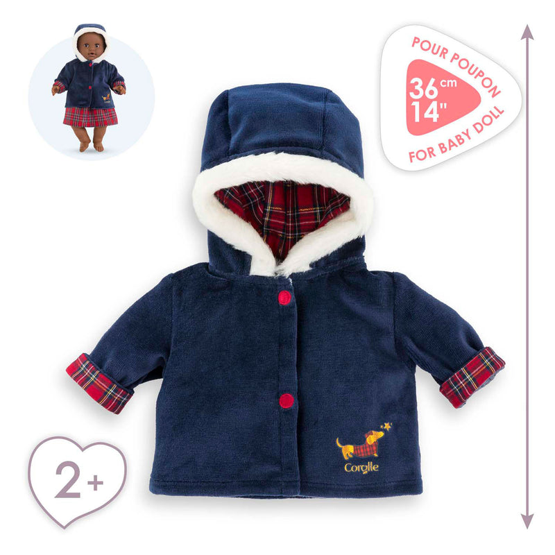 Afbeelding laden in galerijviewer, Corolle babypop winterjas - donkerblauw, bontkraag, 36cm poppen.