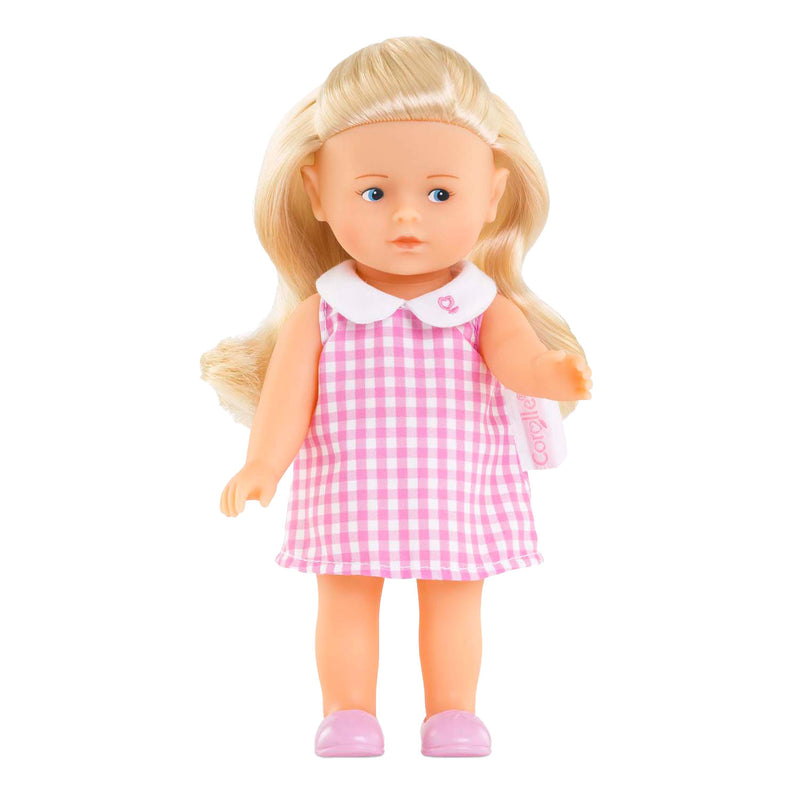 Afbeelding laden in galerijviewer, Corolle babypop mini corolline rosy met roze geruite jurk pop.