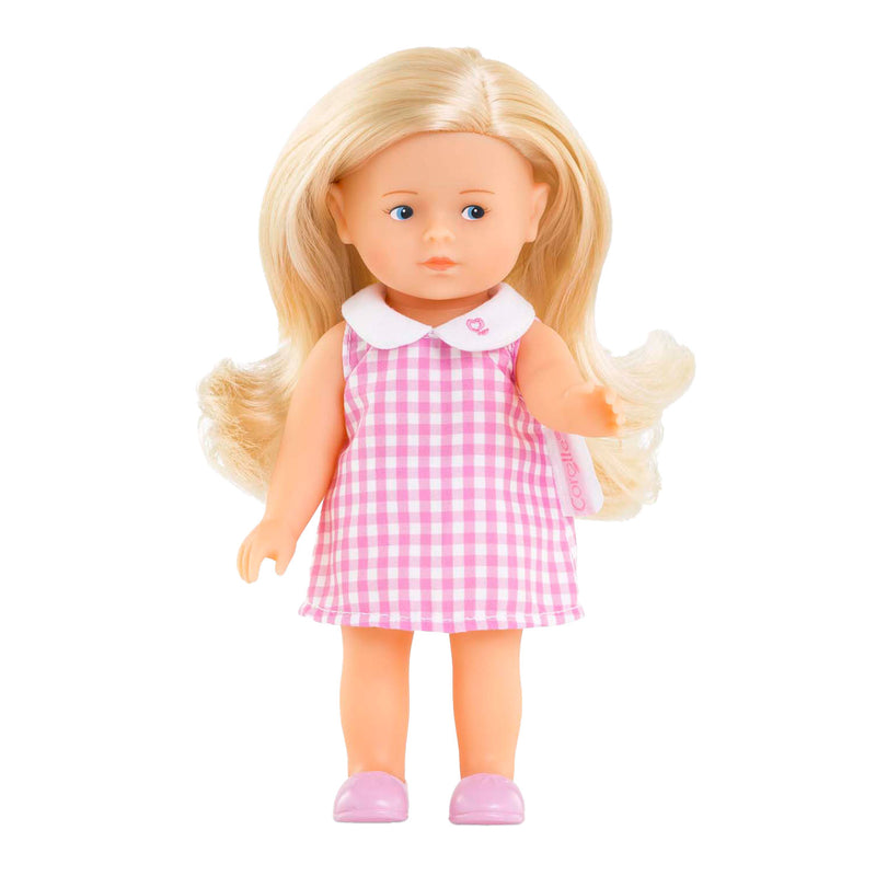 Afbeelding laden in galerijviewer, Corolle babypop mini corolline rosy met roze geruite jurk pop.