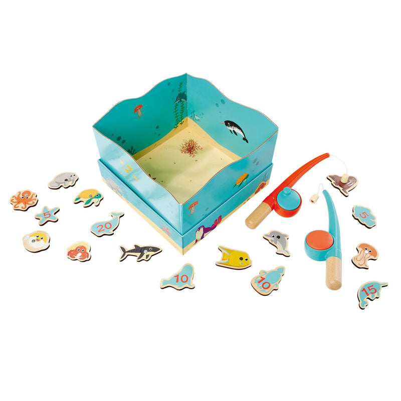 Afbeelding laden in galerijviewer, Simba houten visspel educatief speelgoed aquarium magneet hengel 19-delig.