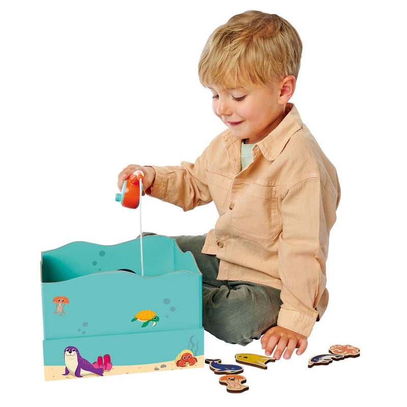 Afbeelding laden in galerijviewer, Simba houten visspel educatief speelgoed aquarium magneet hengel 19-delig.