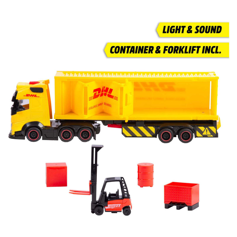ギャラリービューアに画像をロードする, Dickie toys vrachtwagen dhl met heftruck met licht en geluid | 2 stuks