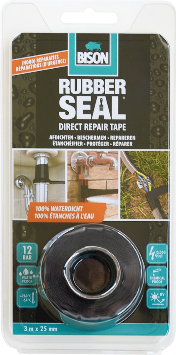Cargue la imagen en el visor de la galería, Bison rubber seal direct repair tape 3 meter x 25 mm - direct repareren, sterke reparatietape, direct 100% waterdicht, binnen en buiten, repareren, versterken, afdichten, verbinden