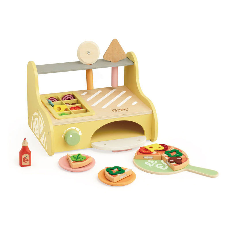 ギャラリービューアに画像をロードする, Classic world houten speelgoed pizzaoven speelset met accessoires.
