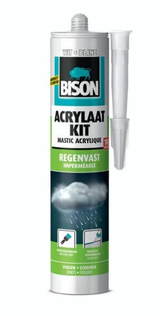 Afbeelding laden in galerijviewer, Bison acrylaatkit regenvast wit koker 300 ml - afdichtingskit voor het afdichten van voegen, naden, kieren en scheuren, overschilderbaar, strak afmesbaar