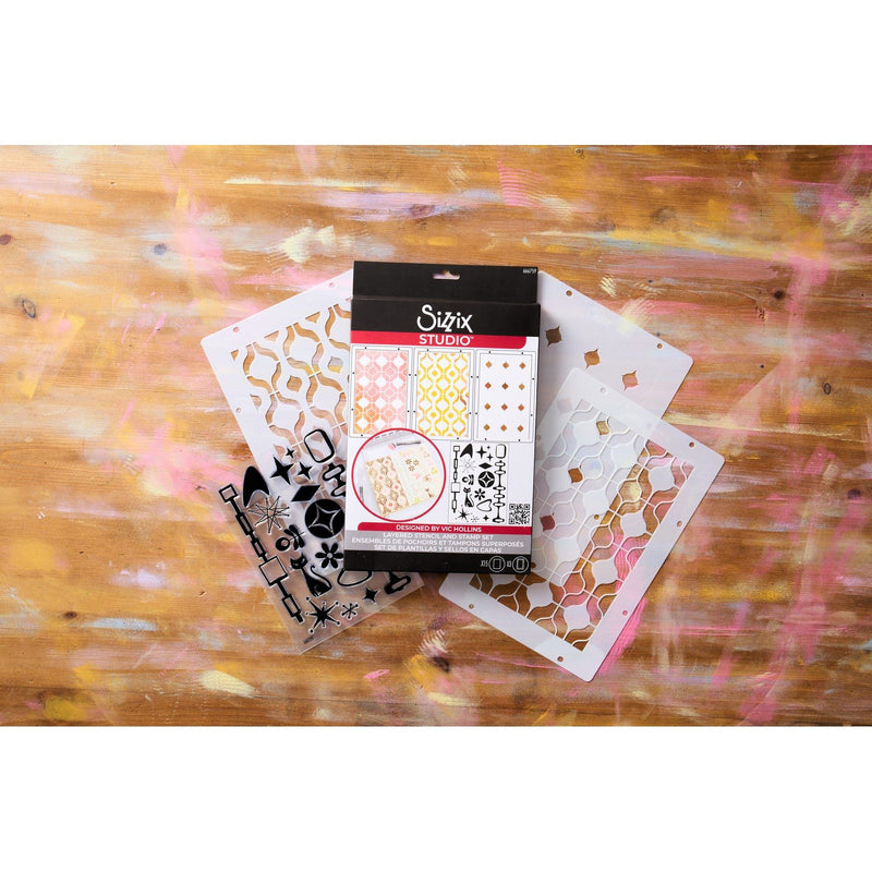 Load image into Gallery viewer, Sizzix • studio stamps set 15pcs 3pcs stencils retro by vic hollins