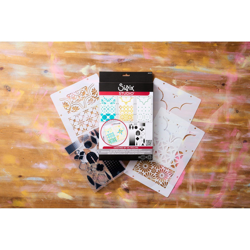 Load image into Gallery viewer, Sizzix • studio stamps set 18pcs 3pcs stencils geometric by vic hollins