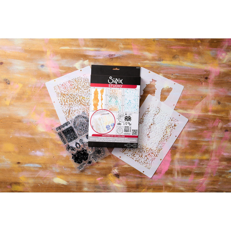 Load image into Gallery viewer, Sizzix • studio stamps set 14pcs 3pcs stencils ornate by vic hollins
