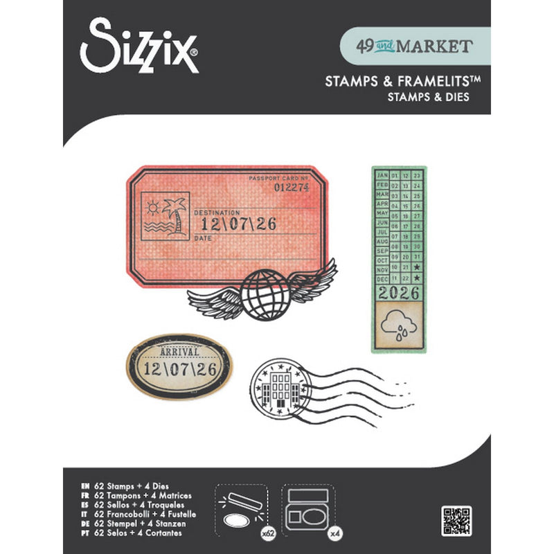 Load image into Gallery viewer, Sizzix • clear stamps set 62pcs 4pcs framelits globetrotter’s mark by 49 market