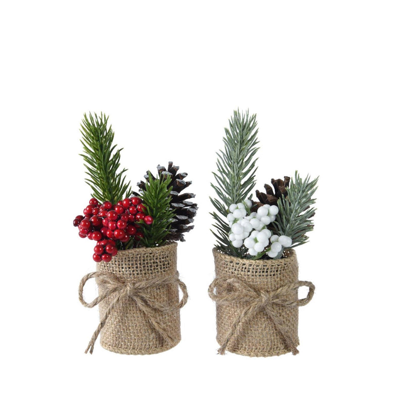 Cargue la imagen en el visor de la galería, Decoris kunst kerststukje in jute pot met bessen wit rood ã˜5xh15cm 2 assorti