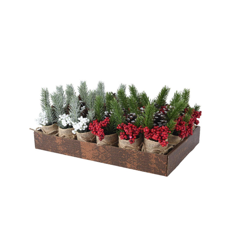 Cargue la imagen en el visor de la galería, Decoris kunst kerststukje in jute pot met bessen wit rood ã˜5xh15cm 2 assorti