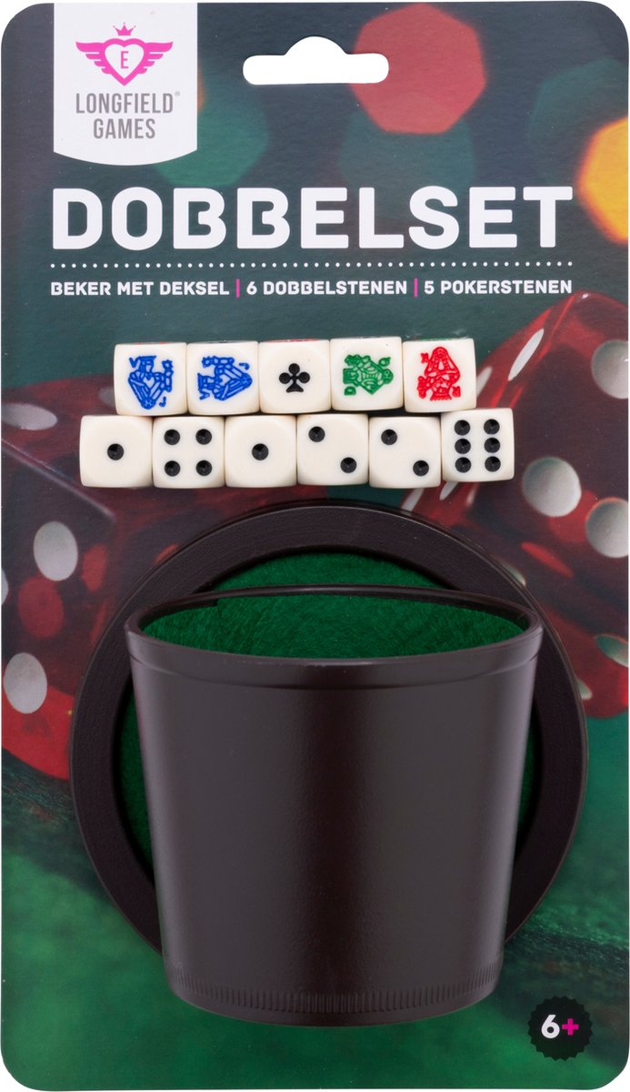 Afbeelding laden in galerijviewer, Longfield pokerbeker met deksel – inclusief 2 sets dobbelstenen (16 mm) – dobbelset – klassiek dobbelspel familiespel – engelhart