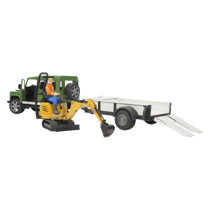 Afbeelding laden in galerijviewer, Bruder landrover + aanhanger met graafmachine