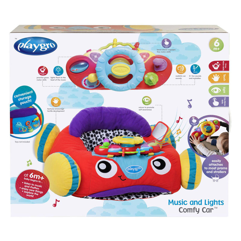 Afbeelding laden in galerijviewer, Playgro comfy car - pluchen zitkussen baby - speelkussen baby - activiteitenkussen - babyspeelgoed - interactief baby speelgoed - babygym - speelkleed baby - pluchen auto baby - auto - kraamcadeau - met licht en geluid