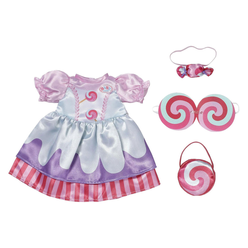 Afbeelding laden in galerijviewer, Baby born poppenoutfit kleurrijk snoepjurk 43cm poppenkleding.