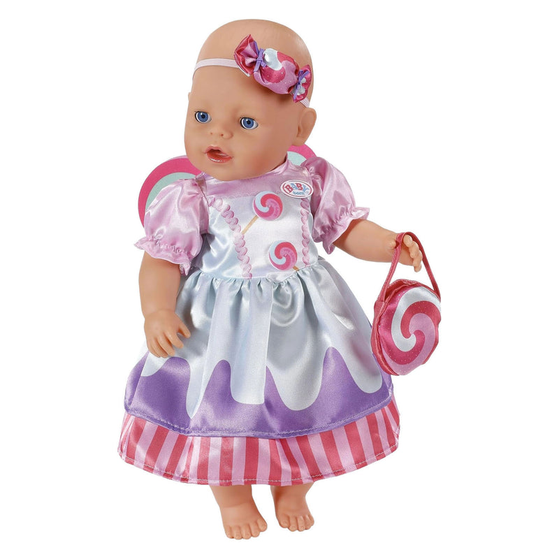 Afbeelding laden in galerijviewer, Baby born poppenoutfit kleurrijk snoepjurk 43cm poppenkleding.