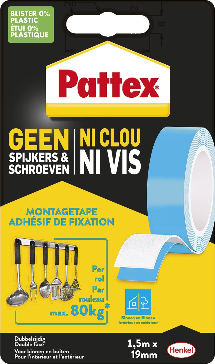 Afbeelding laden in galerijviewer, Pattex montagetape dubbelzijdig 80kg | voor binnen gebruik| 1.5m dubbel montage tape | dubbelzijdige plak-tape.