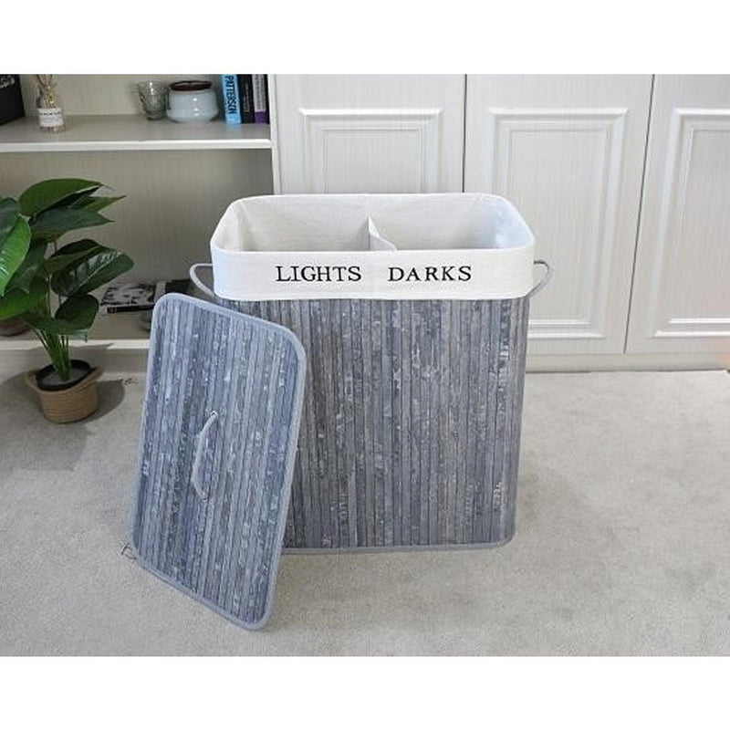 Load image into Gallery viewer, Homestyle pro rechthoekige bamboe wasmand + tekst 52x32x63 cm grijs wit