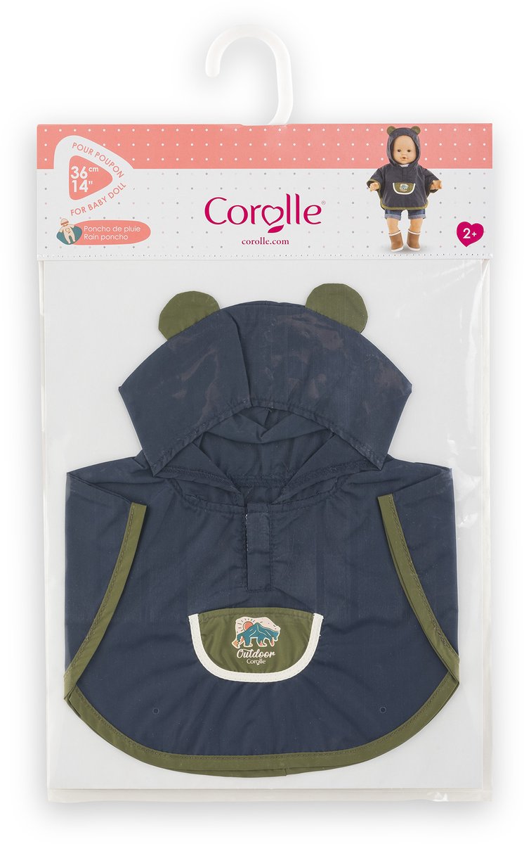 Afbeelding laden in galerijviewer, Corolle regenponcho poppenkostuum 36cm met capuchon en berenoortjes.