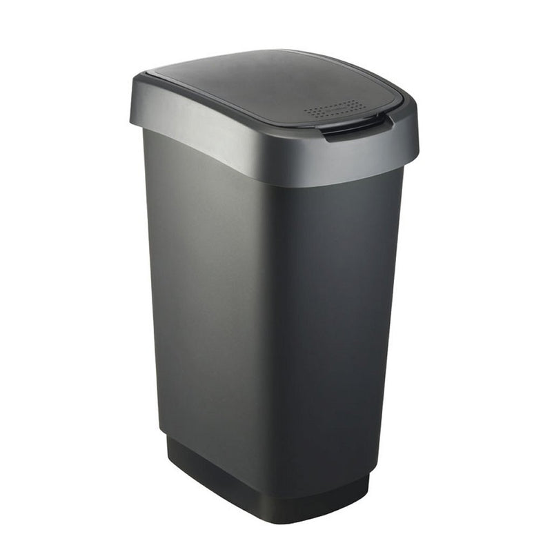 ギャラリービューアに画像をロードする, Rotho twist afvalbak met swingdesksel 50l - zwart zilver - bpa-vrij - incl 6 sticker voor diverse afvalstromen