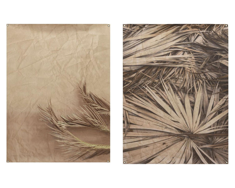 Afbeelding laden in galerijviewer, Decoris wanddoek met ophangogen 90x120cm fotoprint met palmblad 2 stuks