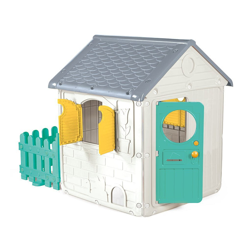 Load image into Gallery viewer, Dolu speelhuis met tuinhek deurbel wit groen grijs geel 122.5x156x104cm