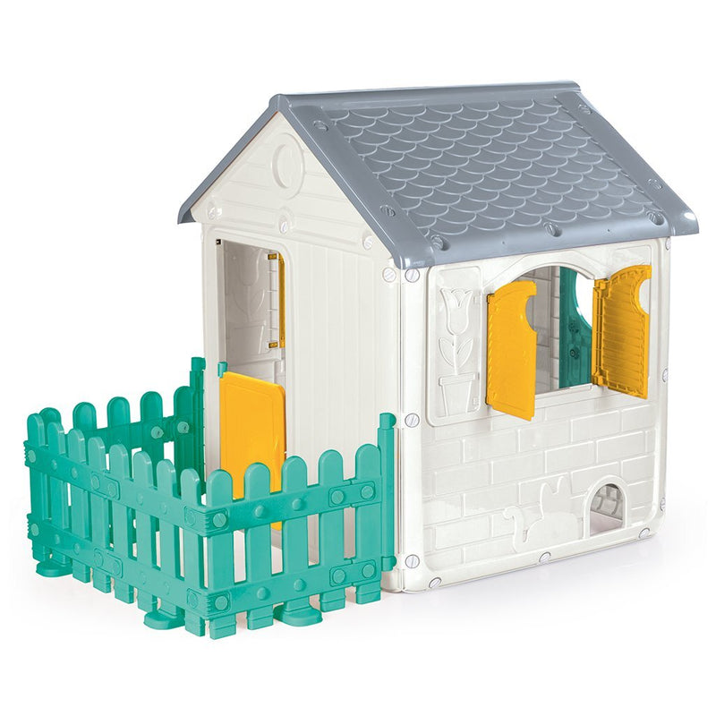 Load image into Gallery viewer, Dolu speelhuis met tuinhek deurbel wit groen grijs geel 122.5x156x104cm