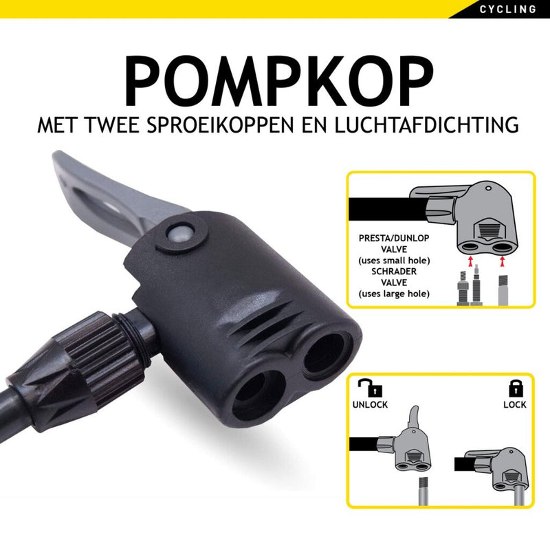 Load image into Gallery viewer, Dunlop fietspomp met drukmeter dubbel ventiel hollands ventiel frans ventiel autoventiel