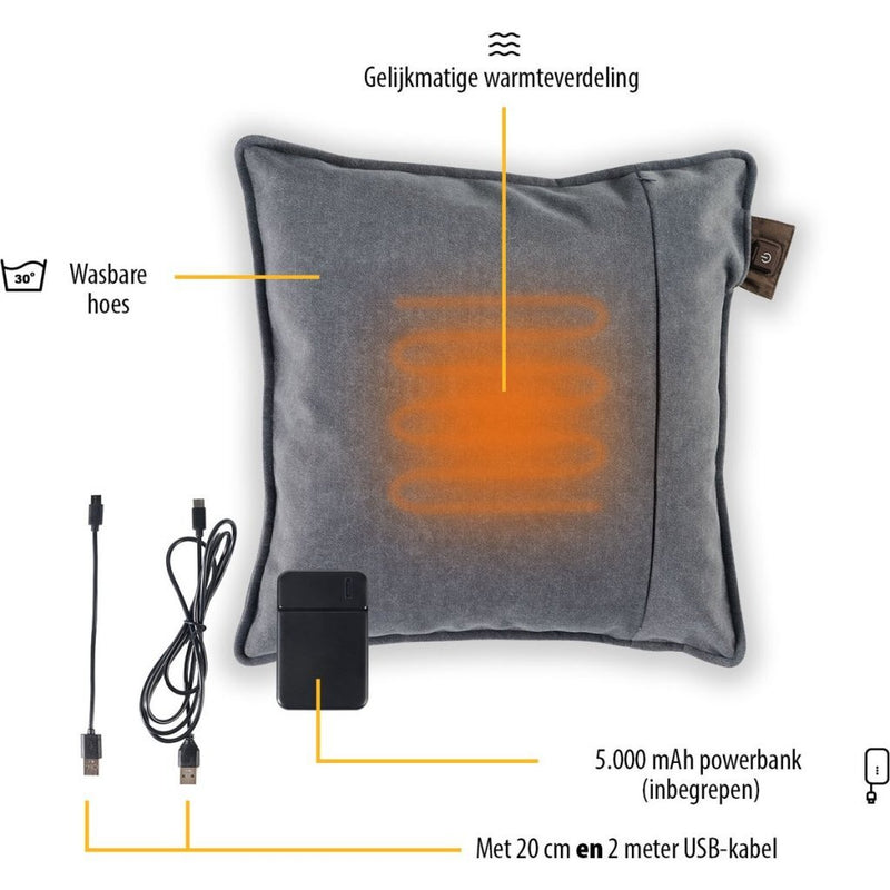 Afbeelding laden in galerijviewer, Tristar warmte kussen 45x45cm grijs incl powerbank