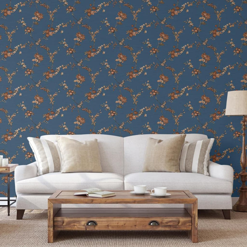 Load image into Gallery viewer, DUTCH WALLCOVERINGS DUTCH WALLCOVERINGS Behang Flower donkerblauw en bronskleurig