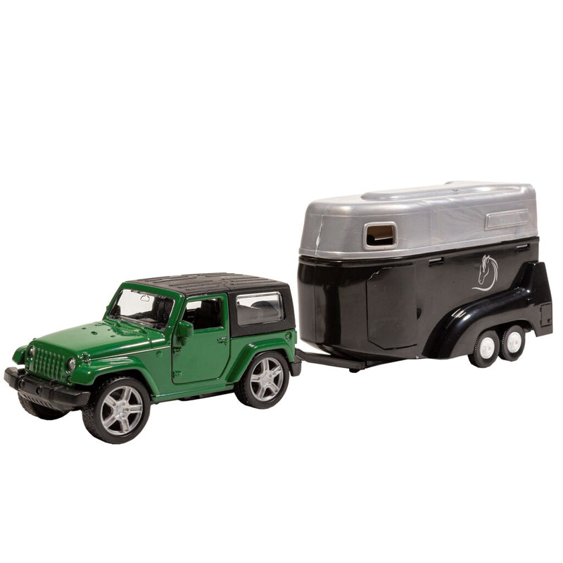 Laden Sie das Bild in Galerie -Viewer, Basic city die-cast jeep met paardentrailer groen zwart