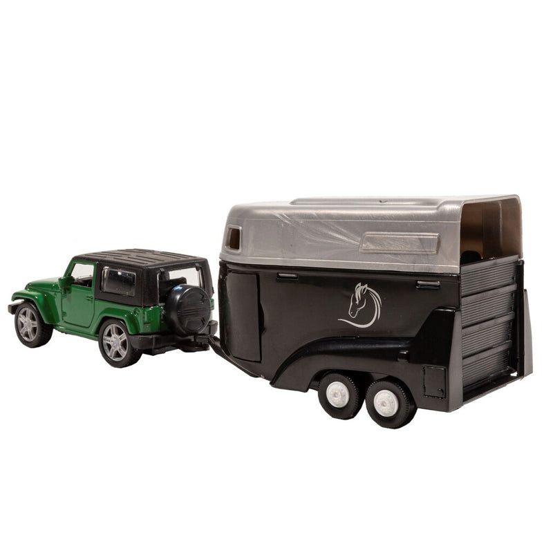 Laden Sie das Bild in Galerie -Viewer, Basic city die-cast jeep met paardentrailer groen zwart