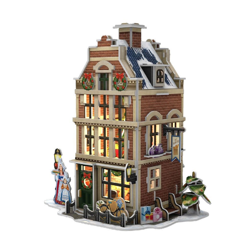 Load image into Gallery viewer, Cubic fun 3d puzzel hollands huisje winter bakkerij + licht 65 stukjes