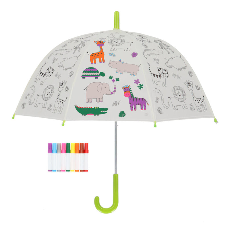 Afbeelding laden in galerijviewer, Esschert design inkleurparaplu jungledieren + 9 stiften
