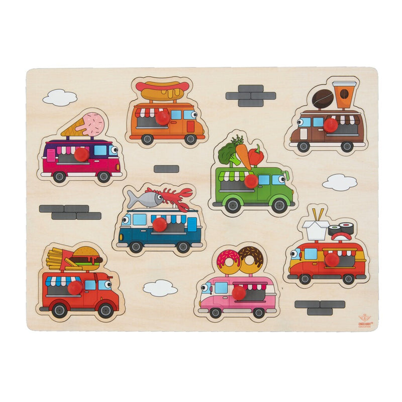 Load image into Gallery viewer, Engelhart houten knopjes puzzel foodtrucks 8 stukjes