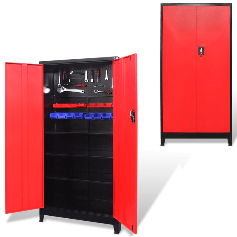 Load image into Gallery viewer, VidaXL Gereedschapskast met 2 deuren 90x40x180 cm staal zwart en rood