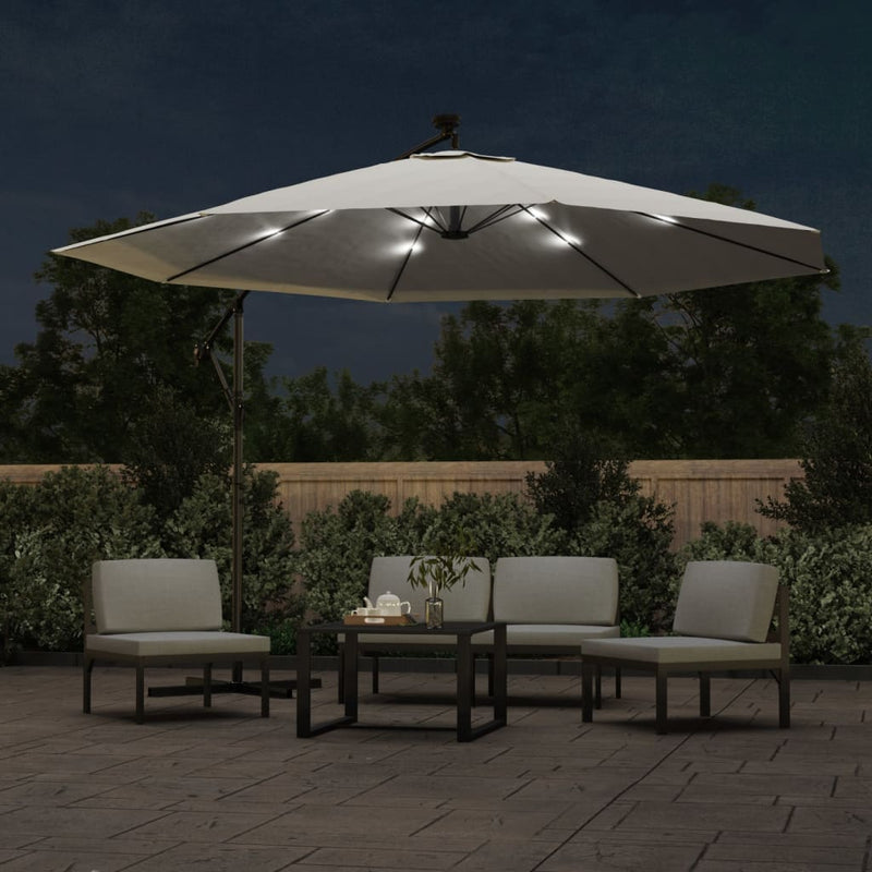 Load image into Gallery viewer, VidaXL Zweefparasol met LED-verlichting en metalen paal 350 cm zand