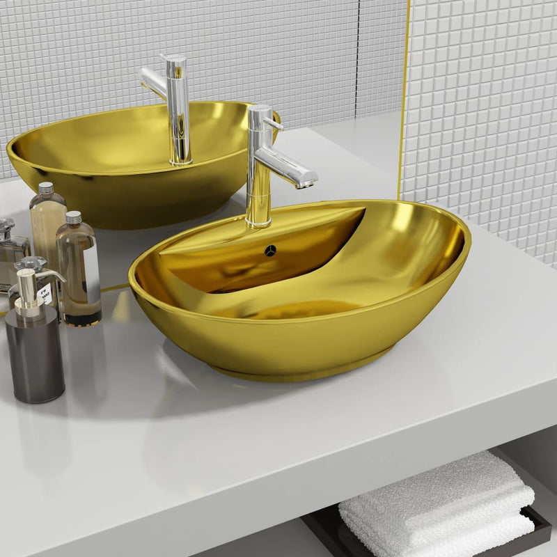 Load image into Gallery viewer, Vidaxl wastafel met overloop 58,5x39x21 cm keramiek goudkleurig