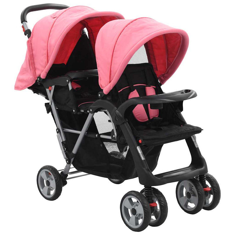 Load image into Gallery viewer, Vidaxl kinderwagen dubbel staal roze en zwart