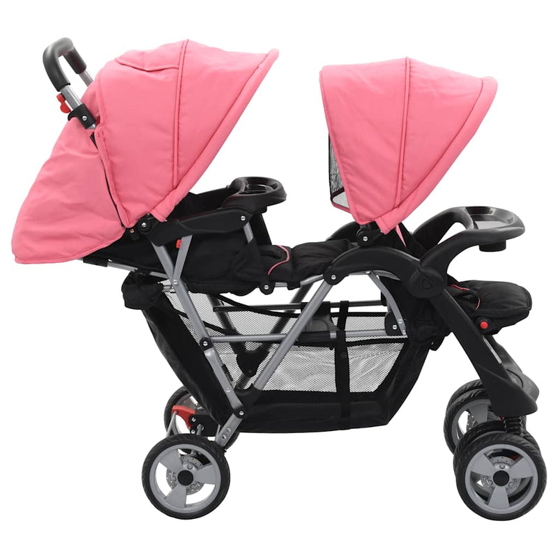 Load image into Gallery viewer, Vidaxl kinderwagen dubbel staal roze en zwart