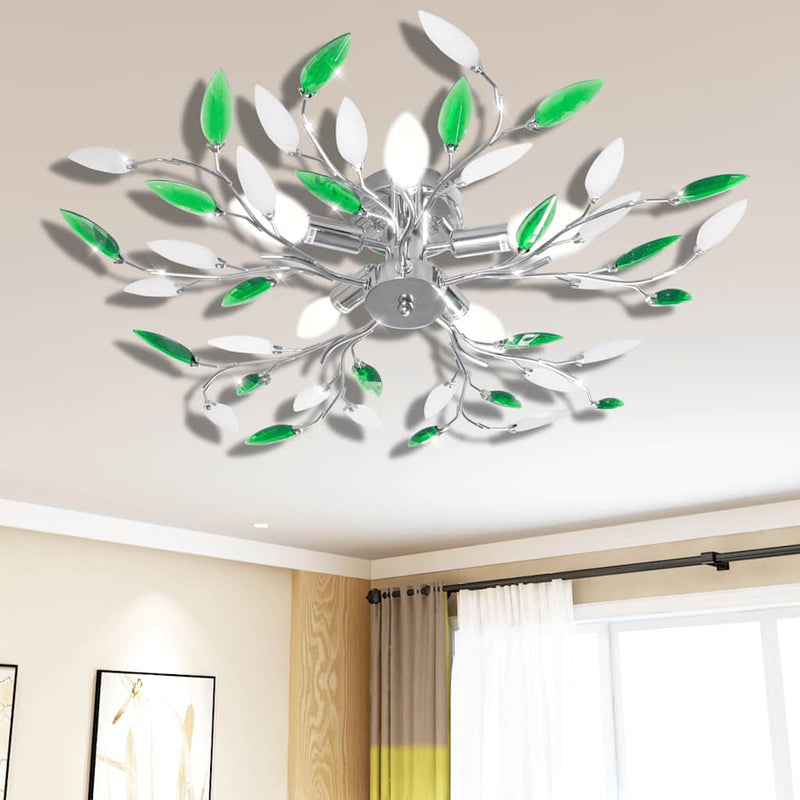 Afbeelding laden in galerijviewer, Vidaxl lamp met kristallen bladeren van acryl voor 5x e14 wit groen
